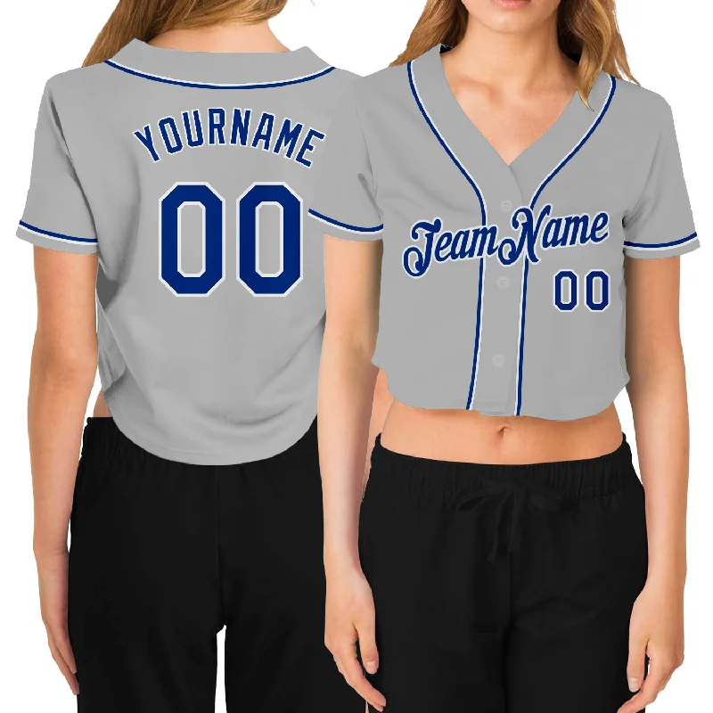 Baseball jerseys for summer leaguesCustom Women's Gray Royal-White V-Neck Cropped Baseball Jersey