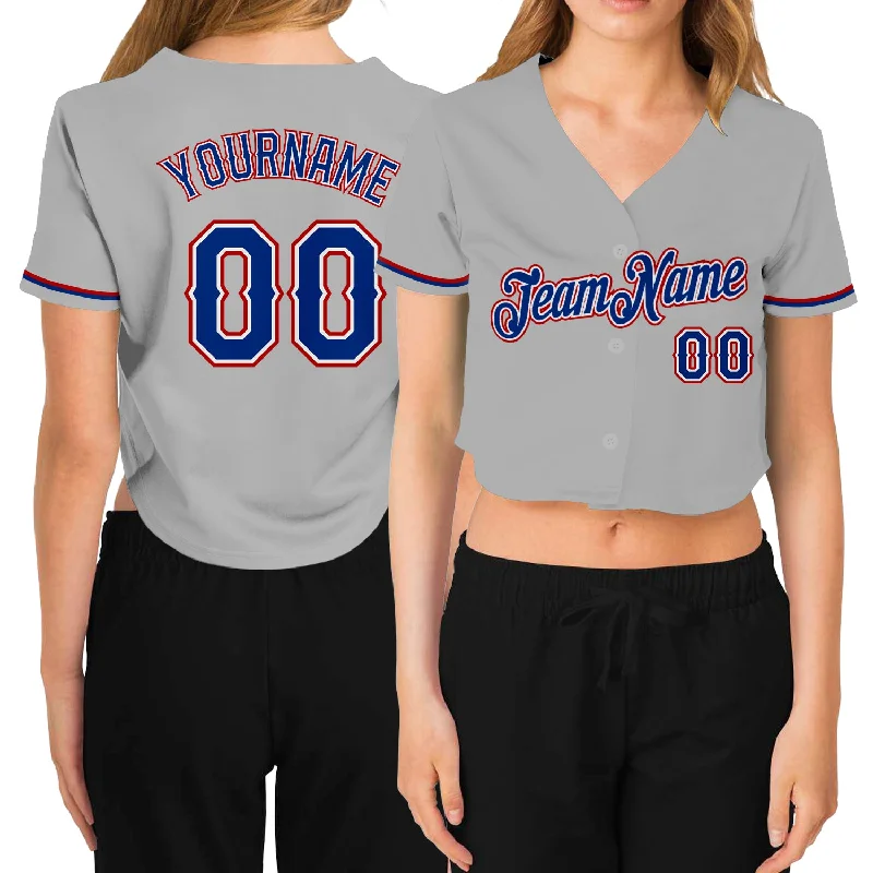 Baseball jerseys for summer leaguesCustom Women's Gray Royal White-Red V-Neck Cropped Baseball Jersey