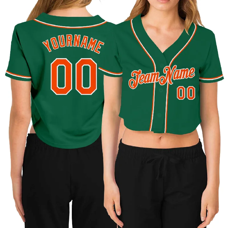 Customizable baseball jerseys with name and numberCustom Women's Kelly Green Orange-White V-Neck Cropped Baseball Jersey