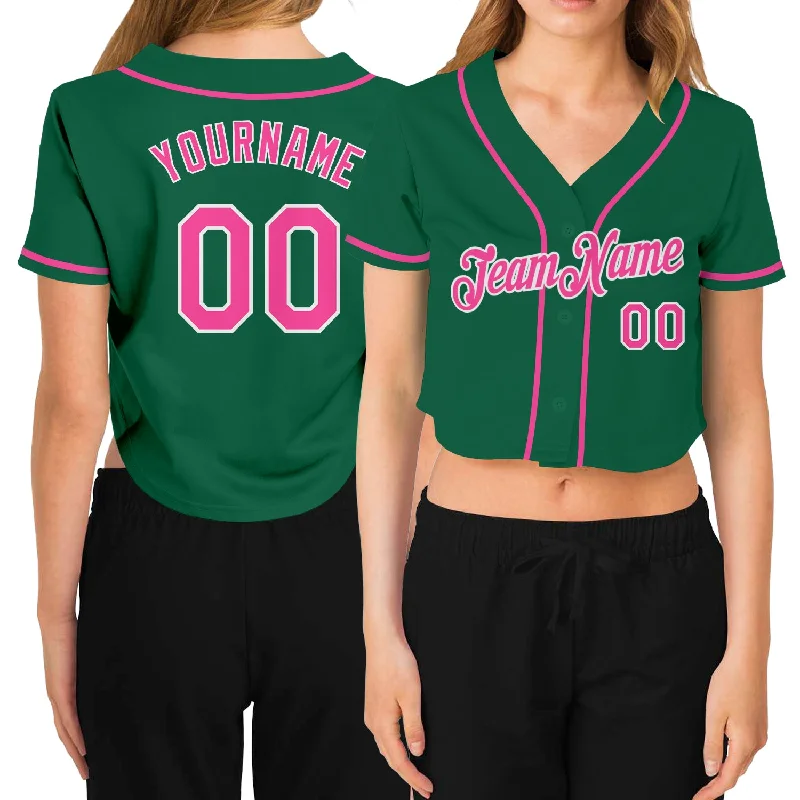 Premium quality baseball jerseys for adultsCustom Women's Kelly Green Pink-White V-Neck Cropped Baseball Jersey