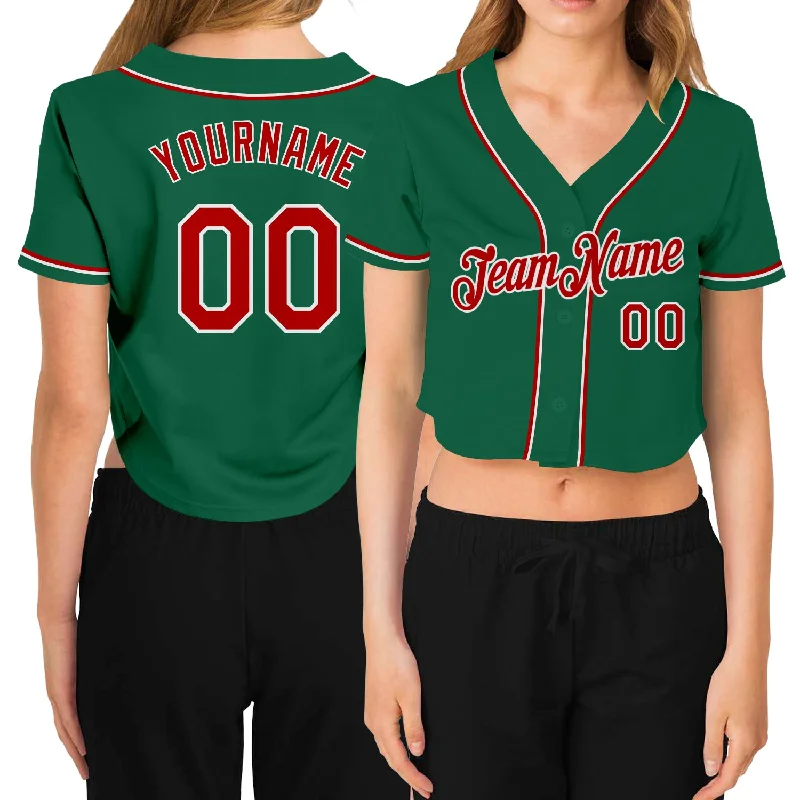 Comfortable baseball jerseys for warm weatherCustom Women's Kelly Green Red-White V-Neck Cropped Baseball Jersey