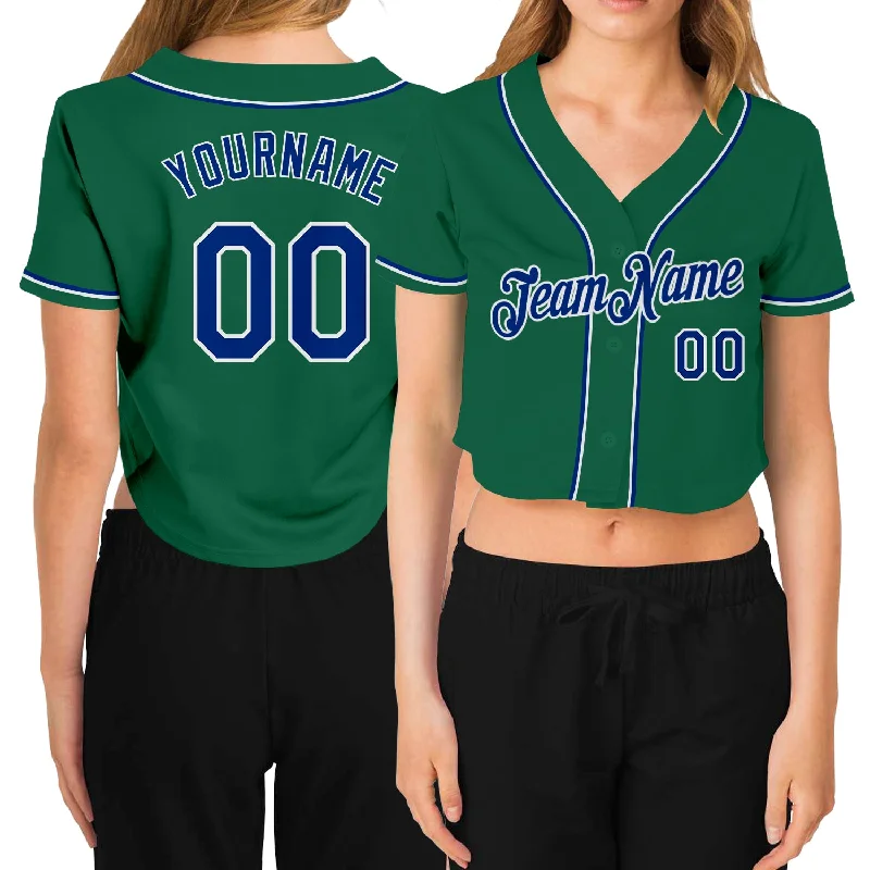 Custom baseball jerseys for teamsCustom Women's Kelly Green Royal-White V-Neck Cropped Baseball Jersey