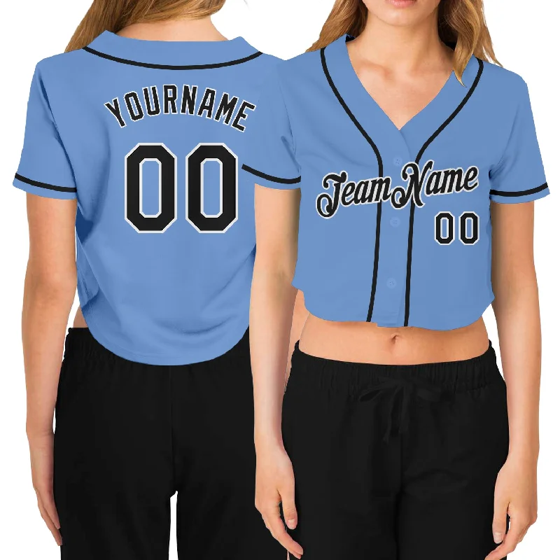 Vintage baseball jerseys for collectorsCustom Women's Light Blue Black-White V-Neck Cropped Baseball Jersey