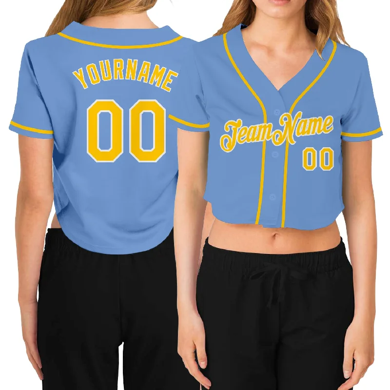 Baseball jerseys for youth athletesCustom Women's Light Blue Gold-White V-Neck Cropped Baseball Jersey