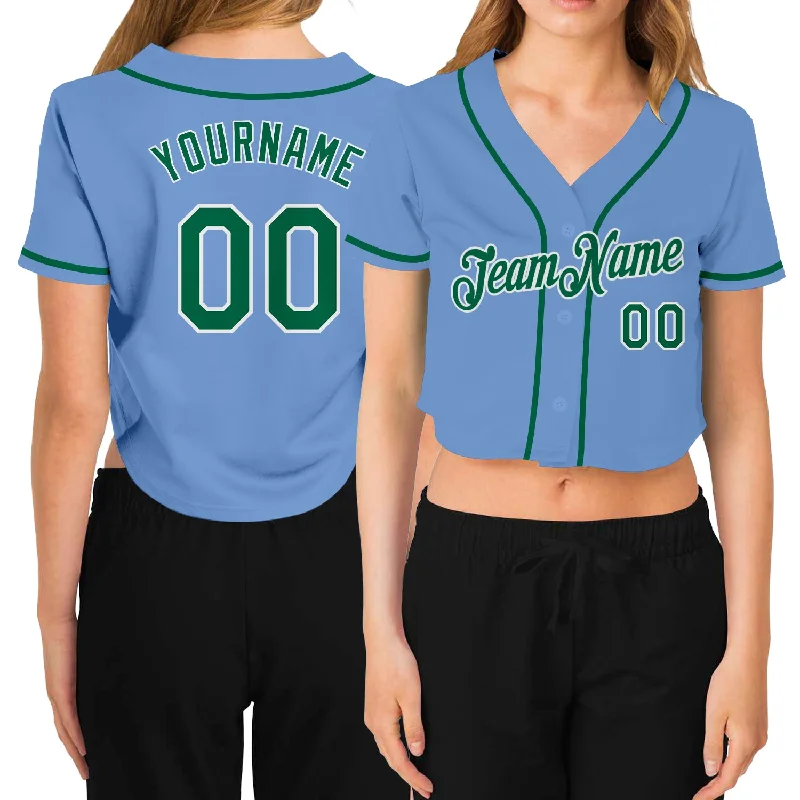 Custom baseball jerseys for teamsCustom Women's Light Blue Kelly Green-White V-Neck Cropped Baseball Jersey