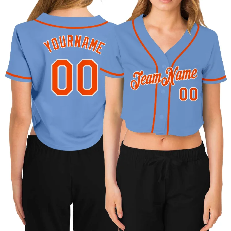 Customizable baseball jerseys with name and numberCustom Women's Light Blue Orange-White V-Neck Cropped Baseball Jersey