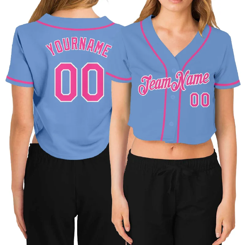 Personalized baseball jerseys for menCustom Women's Light Blue Pink-White V-Neck Cropped Baseball Jersey