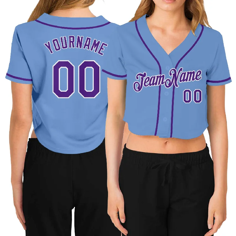 Softball team jerseys for womenCustom Women's Light Blue Purple-White V-Neck Cropped Baseball Jersey