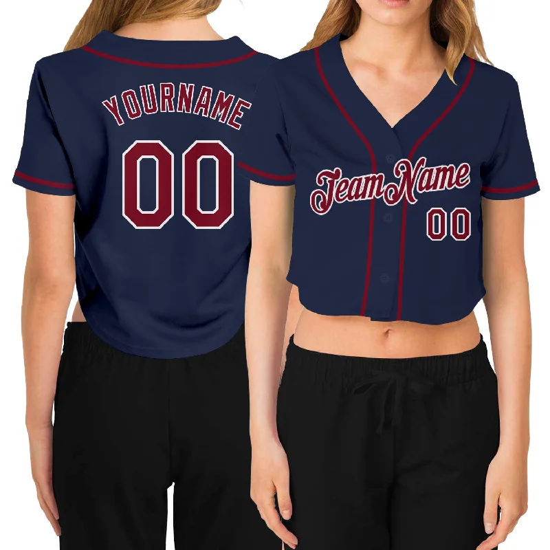 Customizable baseball jerseys with name and numberCustom Women's Navy Crimson-White V-Neck Cropped Baseball Jersey