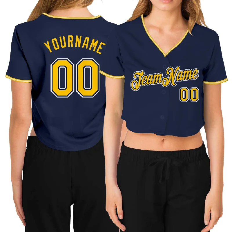 Premium quality baseball jerseys for adultsCustom Women's Navy Gold-White V-Neck Cropped Baseball Jersey