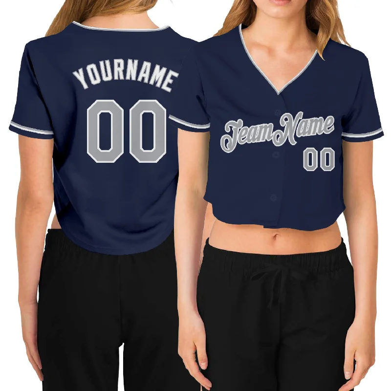 Baseball jerseys for summer leaguesCustom Women's Navy Gray-White V-Neck Cropped Baseball Jersey