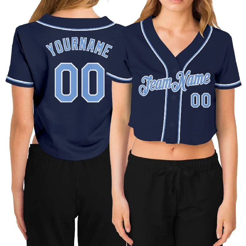 Comfortable baseball jerseys for warm weatherCustom Women's Navy Light Blue-White V-Neck Cropped Baseball Jersey