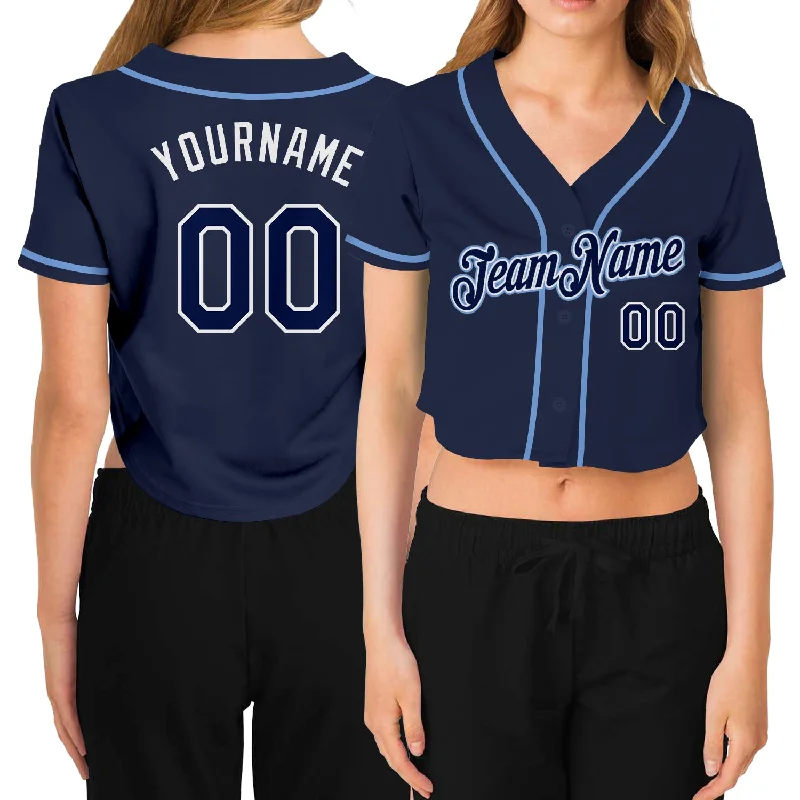 Baseball jerseys for youth athletesCustom Women's Navy Navy-White V-Neck Cropped Baseball Jersey