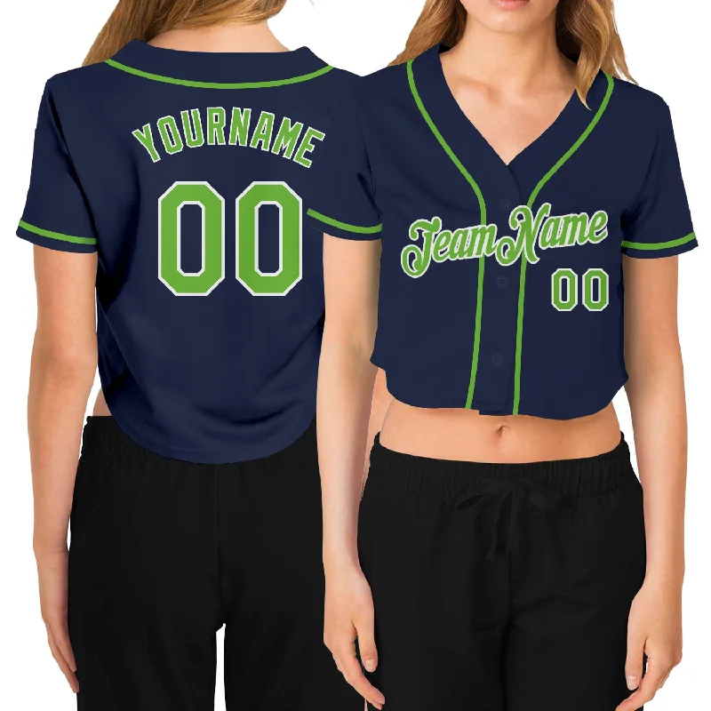 Vintage baseball jerseys for collectorsCustom Women's Navy Neon Green-White V-Neck Cropped Baseball Jersey