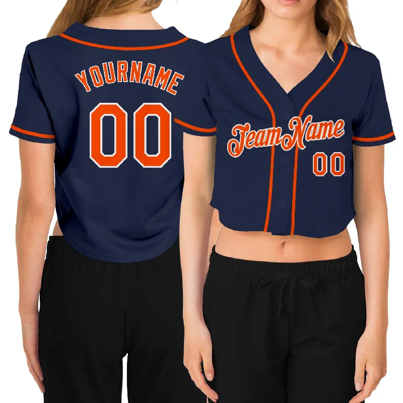 Premium quality baseball jerseys for adultsCustom Women's Navy Orange-White V-Neck Cropped Baseball Jersey