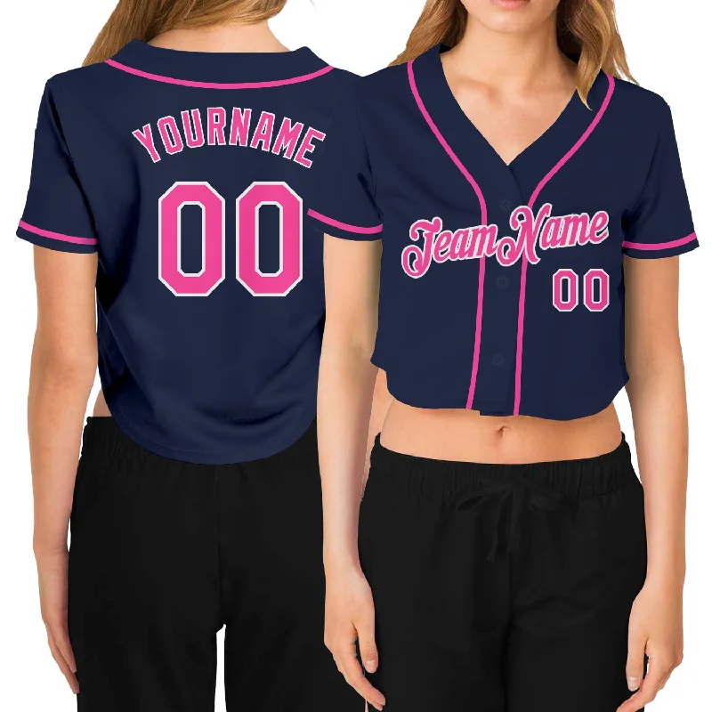 Custom baseball jerseys for teamsCustom Women's Navy Pink-White V-Neck Cropped Baseball Jersey