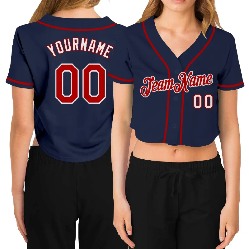 Comfortable baseball jerseys for warm weatherCustom Women's Navy Red-White V-Neck Cropped Baseball Jersey