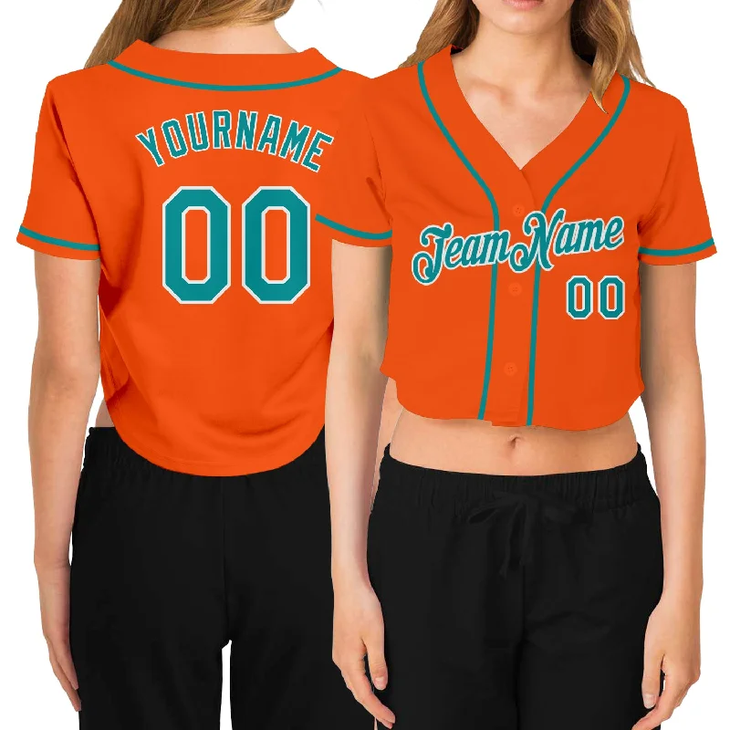 Comfortable baseball jerseys for warm weatherCustom Women's Orange Aqua-White V-Neck Cropped Baseball Jersey