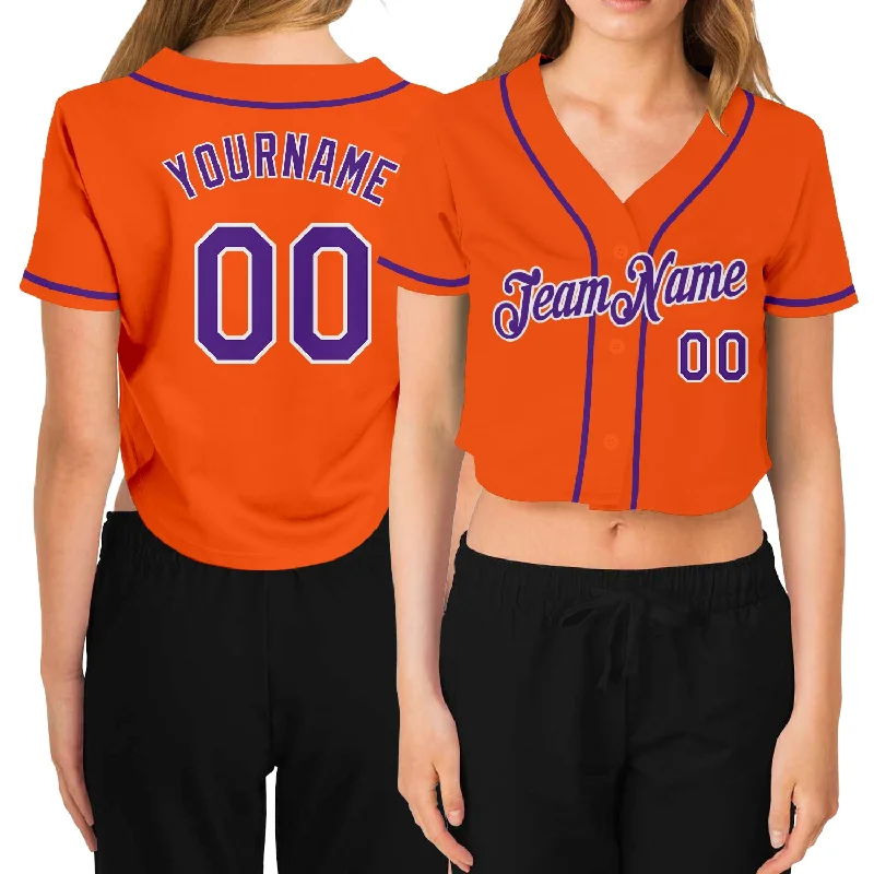 Youth baseball jerseys for boysCustom Women's Orange Purple-White V-Neck Cropped Baseball Jersey