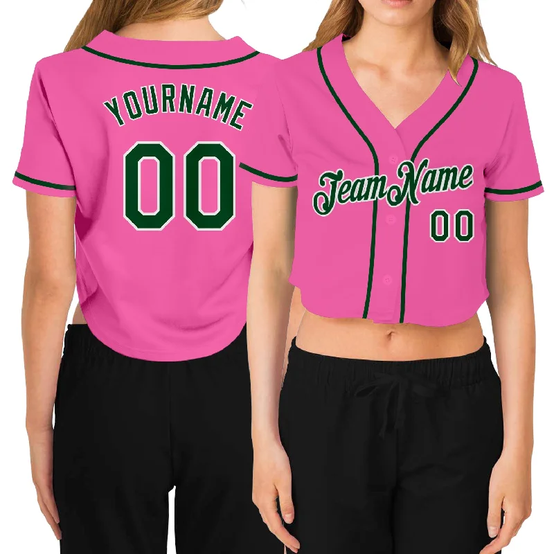 Youth baseball jerseys for boysCustom Women's Pink Green-White V-Neck Cropped Baseball Jersey