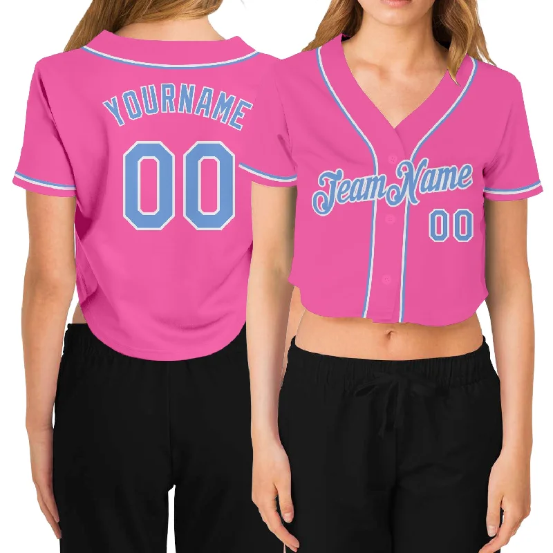 Vintage baseball jerseys for collectorsCustom Women's Pink Light Blue-White V-Neck Cropped Baseball Jersey