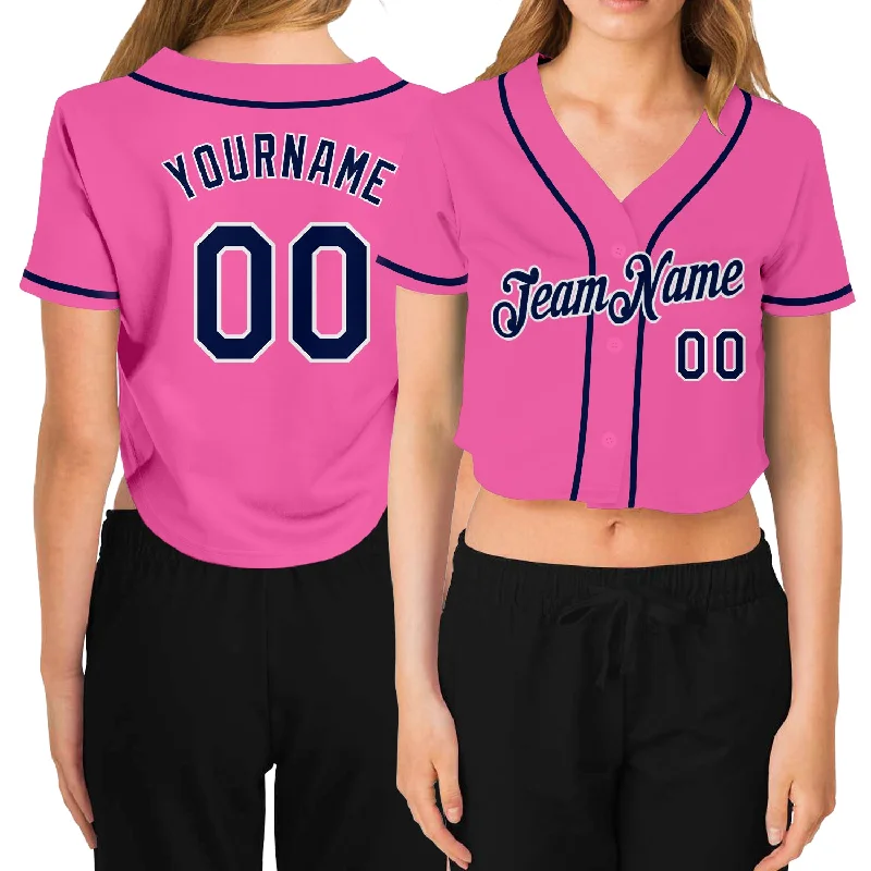 Personalized baseball jerseys for menCustom Women's Pink Navy-White V-Neck Cropped Baseball Jersey