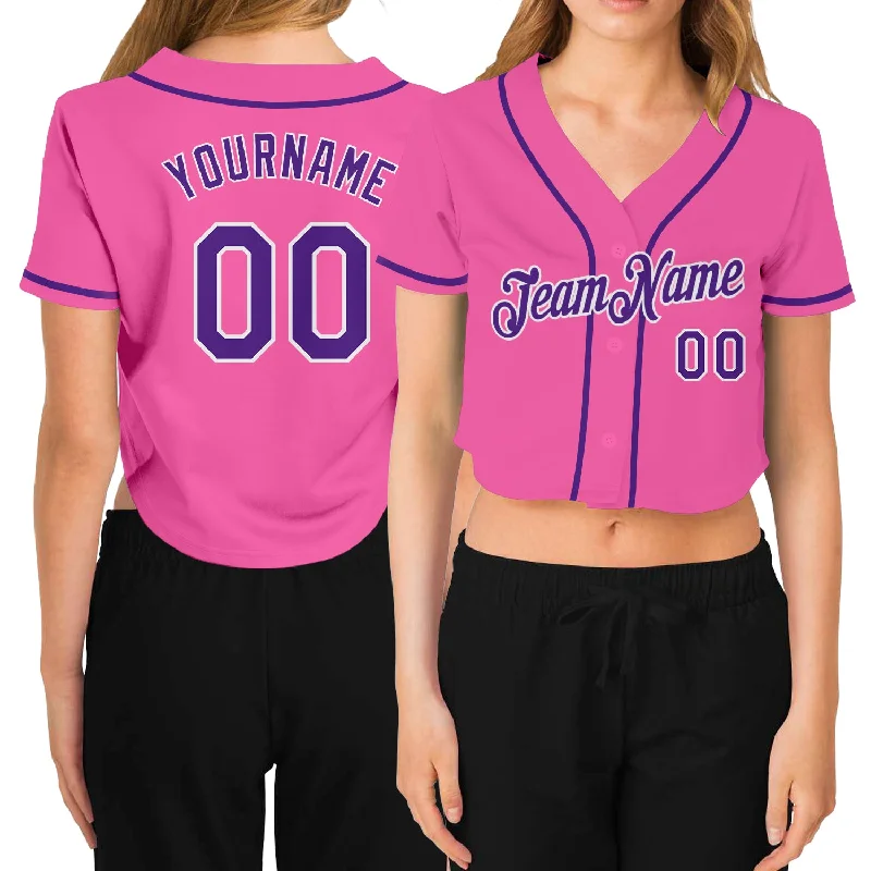 Baseball jerseys for youth athletesCustom Women's Pink Purple-White V-Neck Cropped Baseball Jersey