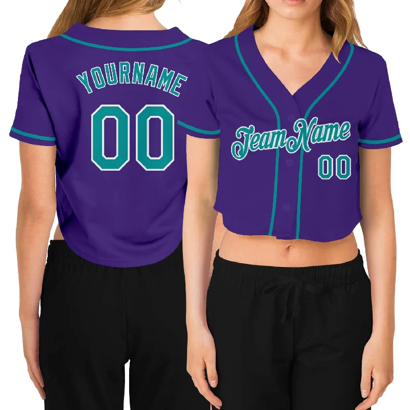 Personalized baseball jerseys for menCustom Women's Purple Aqua-White V-Neck Cropped Baseball Jersey