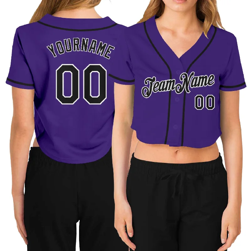 Premium quality baseball jerseys for adultsCustom Women's Purple Black-White V-Neck Cropped Baseball Jersey