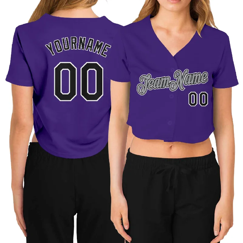 Softball team jerseys for womenCustom Women's Purple Black White-Gray V-Neck Cropped Baseball Jersey