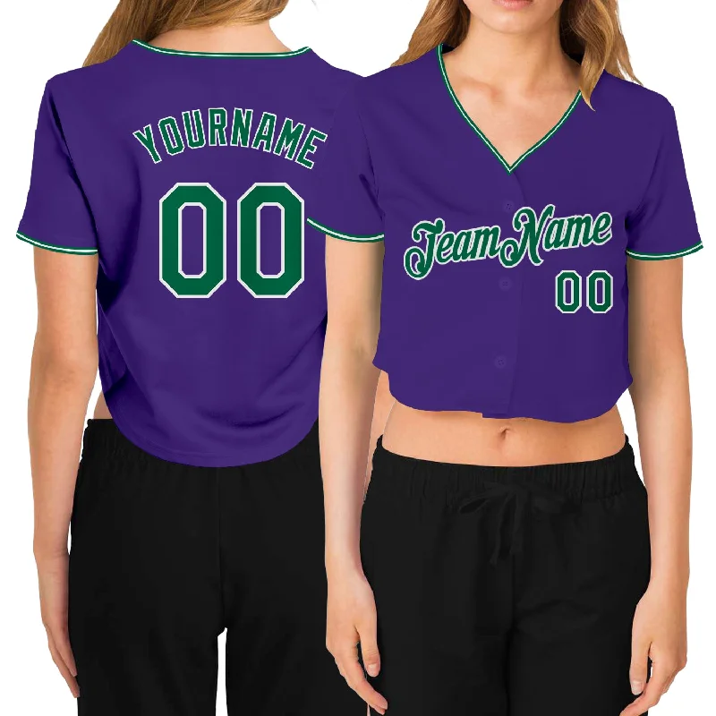 Vintage baseball jerseys for collectorsCustom Women's Purple Kelly Green-White V-Neck Cropped Baseball Jersey