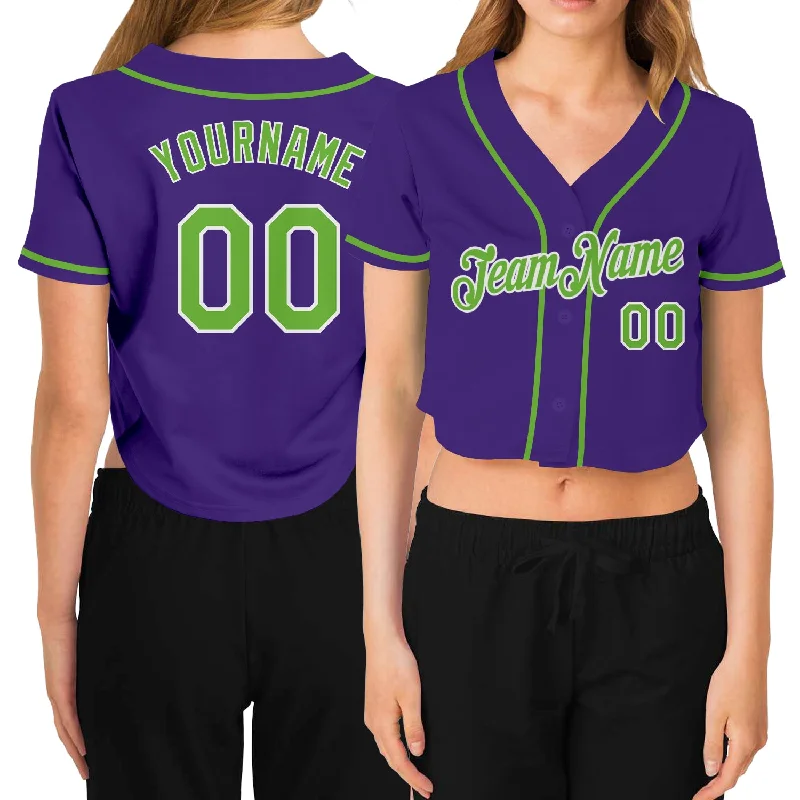 Vintage baseball jerseys for collectorsCustom Women's Purple Neon Green-White V-Neck Cropped Baseball Jersey