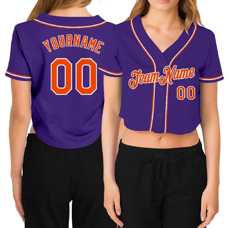 Customizable baseball jerseys with name and numberCustom Women's Purple Orange-White V-Neck Cropped Baseball Jersey