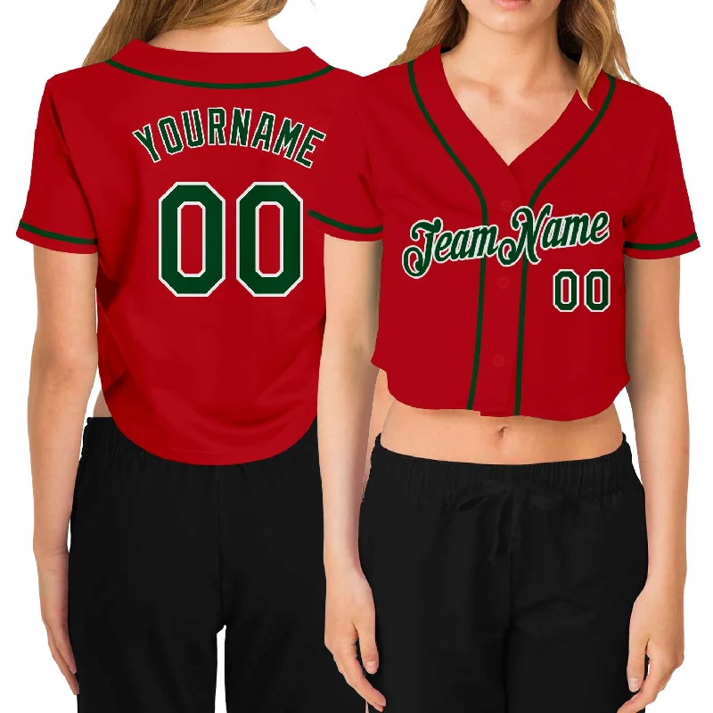 Baseball jerseys for summer leaguesCustom Women's Red Green-White V-Neck Cropped Baseball Jersey