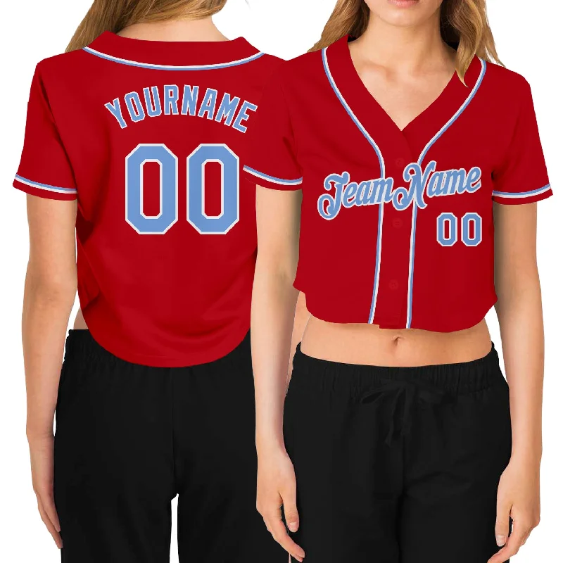 Vintage baseball jerseys for collectorsCustom Women's Red Light Blue-White V-Neck Cropped Baseball Jersey