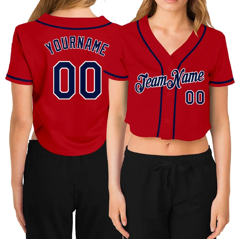 Custom baseball jerseys for teamsCustom Women's Red Navy-White V-Neck Cropped Baseball Jersey