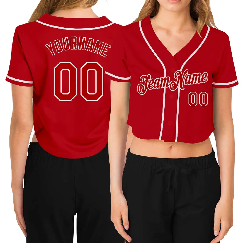 Personalized baseball jerseys for menCustom Women's Red Red-White V-Neck Cropped Baseball Jersey