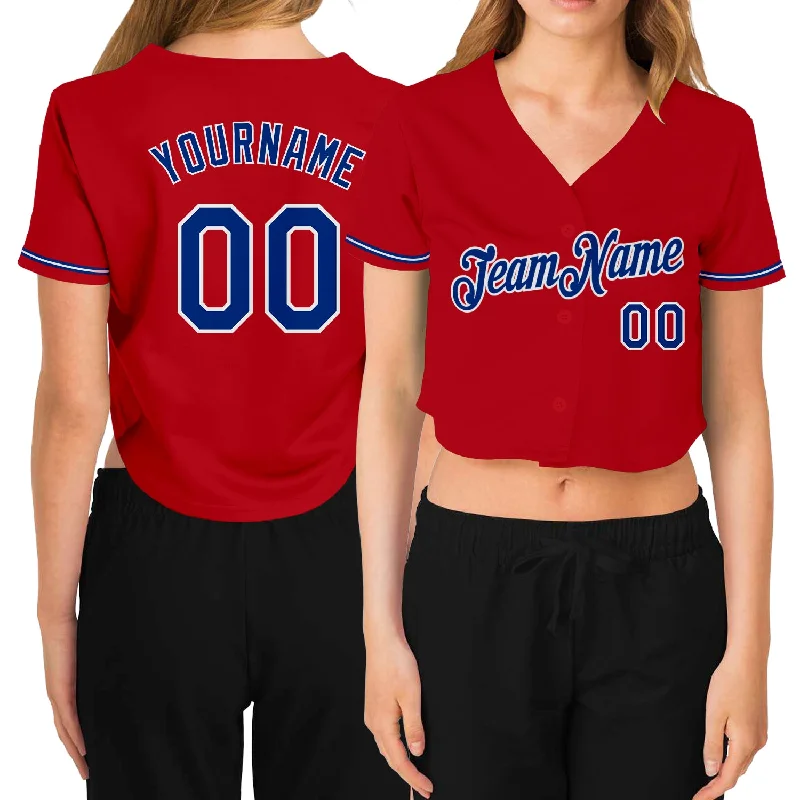 Vintage baseball jerseys for collectorsCustom Women's Red Royal-White V-Neck Cropped Baseball Jersey