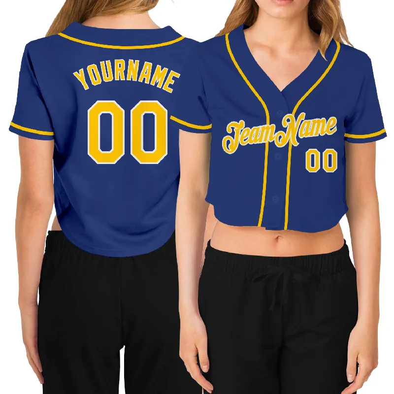 Customizable baseball jerseys with name and numberCustom Women's Royal Gold-White V-Neck Cropped Baseball Jersey