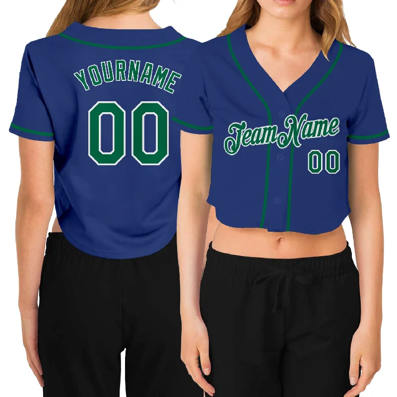 Baseball jerseys for summer leaguesCustom Women's Royal Kelly Green-White V-Neck Cropped Baseball Jersey