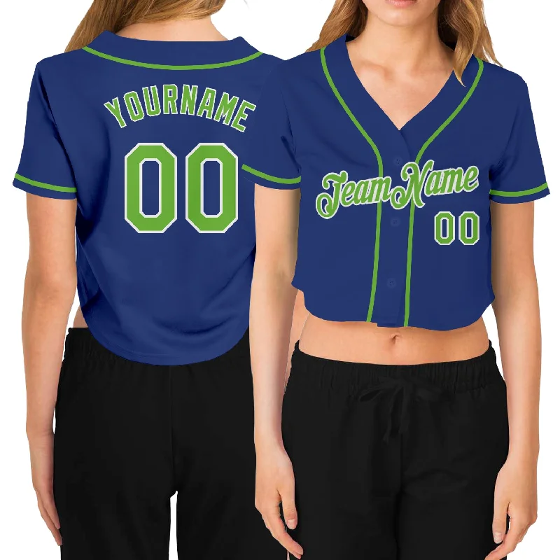 Personalized baseball jerseys for menCustom Women's Royal Neon Green-White V-Neck Cropped Baseball Jersey