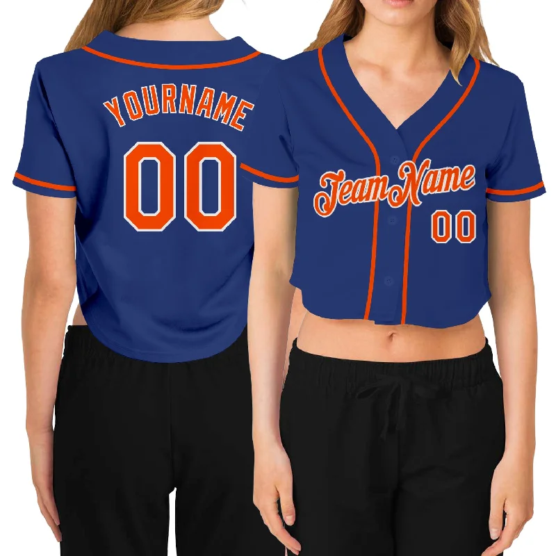 Premium quality baseball jerseys for adultsCustom Women's Royal Orange-White V-Neck Cropped Baseball Jersey