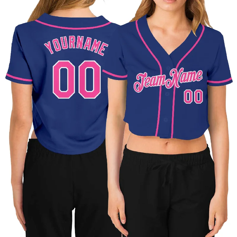 Customizable baseball jerseys with name and numberCustom Women's Royal Pink-White V-Neck Cropped Baseball Jersey