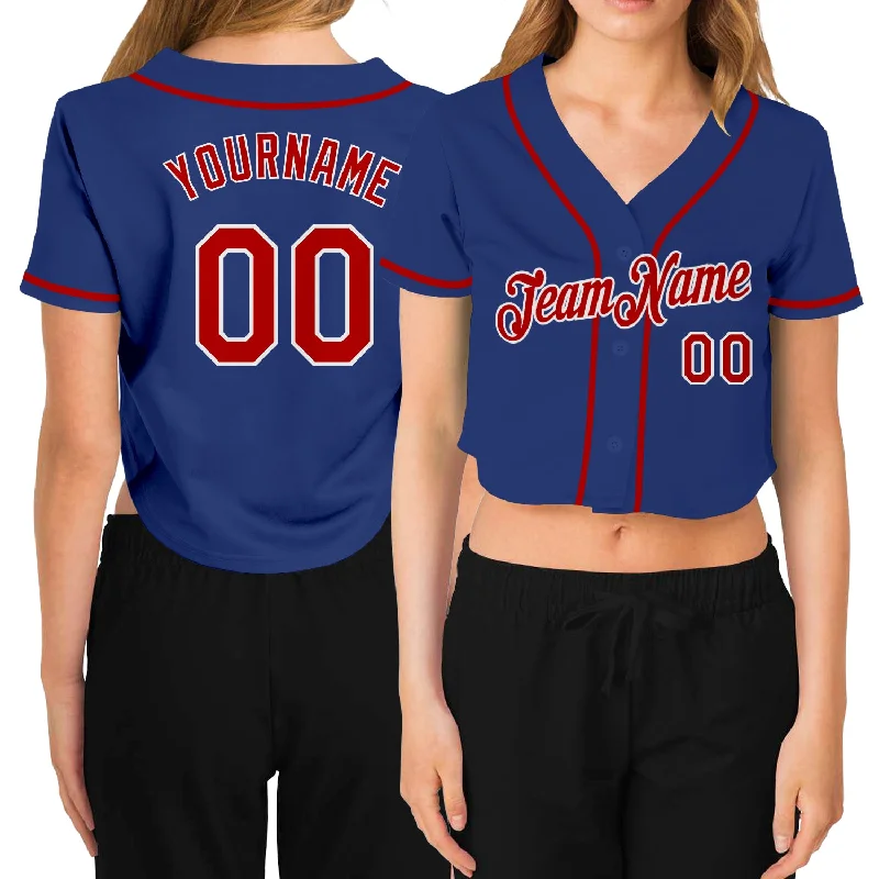 Youth baseball jerseys for boysCustom Women's Royal Red-White V-Neck Cropped Baseball Jersey