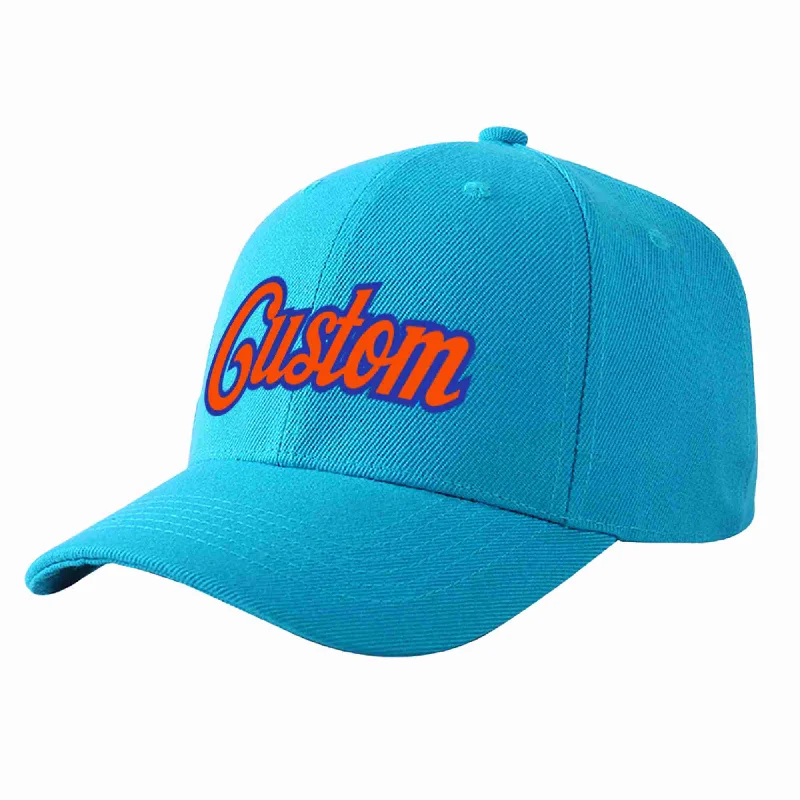 Affordable baseball capsCustom Aqua Orange-Royal Curved Eaves Sport Baseball Cap Design for Men/Women/Youth