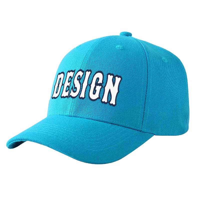 Discounted baseball capsCustom Aqua White-Navy Curved Eaves Sport Design Baseball Cap