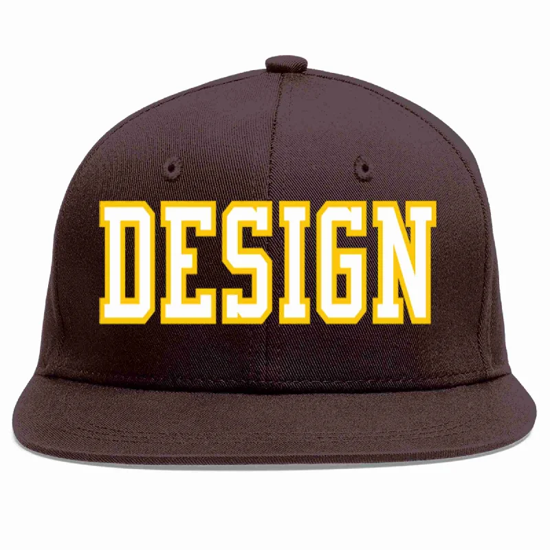 Baseball caps for winterCustom Brown White-Gold Flat Eaves Sport Baseball Cap Design for Men/Women/Youth