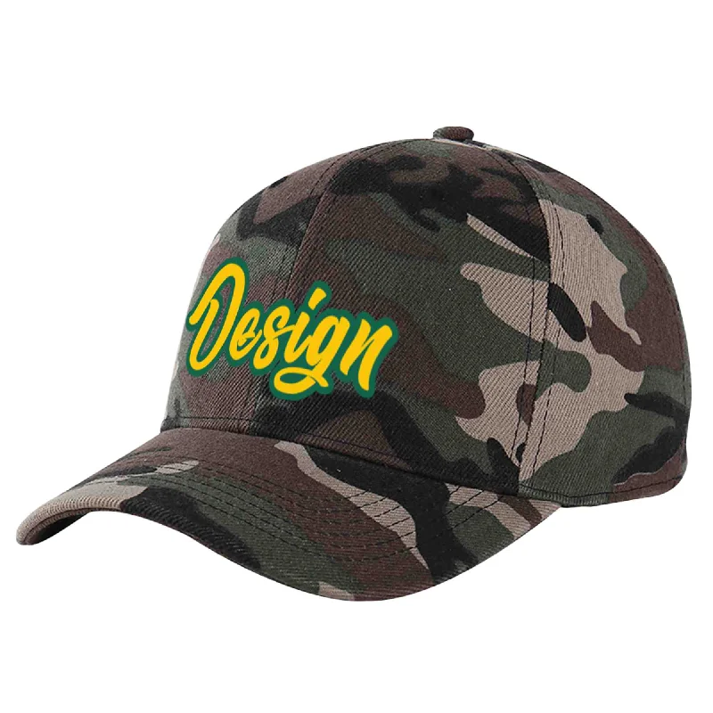 Baseball caps for winterCustom Camo Gold-Kelly Green Curved Eaves Sport Design Baseball Cap