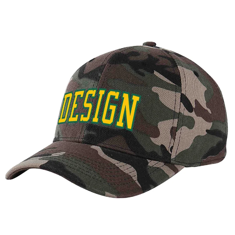 Baseball cap sets and bundlesCustom Camo Gold-Kelly Green Curved Eaves Sport Design Baseball Cap