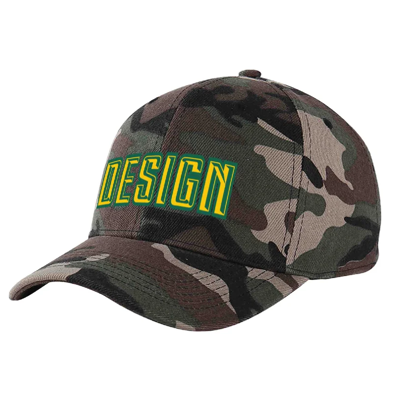 Baseball cap material comparisonCustom Camo Gold-Kelly Green Curved Eaves Sport Design Baseball Cap